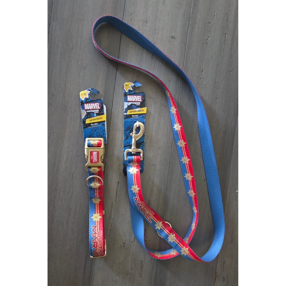 Marvel Captain Marvel Dog Collar and Lead Set L/XL 6ft Blue Red Gold Petco NEW
